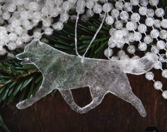 Wolf Siberian Husky Crystal stack motion / 2 hanging ornaments ~ Christmas tree decoration transparent like glass. Handmade figurine statue