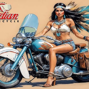 May include: A vintage Indian Motorcycle with a turquoise and white paint job. A woman wearing a Native American inspired outfit is sitting on the motorcycle. The motorcycle has a windshield and a brown leather saddlebag with fringe. The logo for Indian Motorcycle is visible in the top left corner of the image. The text reads "Since 1901 Indian Motorcycle".