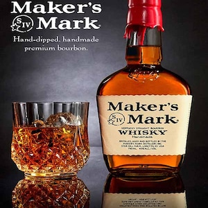May include: A bottle of Maker's Mark Kentucky Straight Bourbon Whisky. The bottle is hand-dipped in red wax and has a label that says "Handmade". The bottle is sitting on a black surface next to a glass of ice.