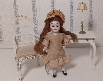 Antique GERMAN Bisque 3.5" Glass Eyed Miniature Dollhouse DOLL w original Lace DRESS