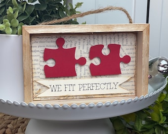 We Fit Perfectly, wood shadow box art (6x4"). Cute puzzle sign for a couple. Anniversary signs. Anniversary gifts. Love art. Couples signs.