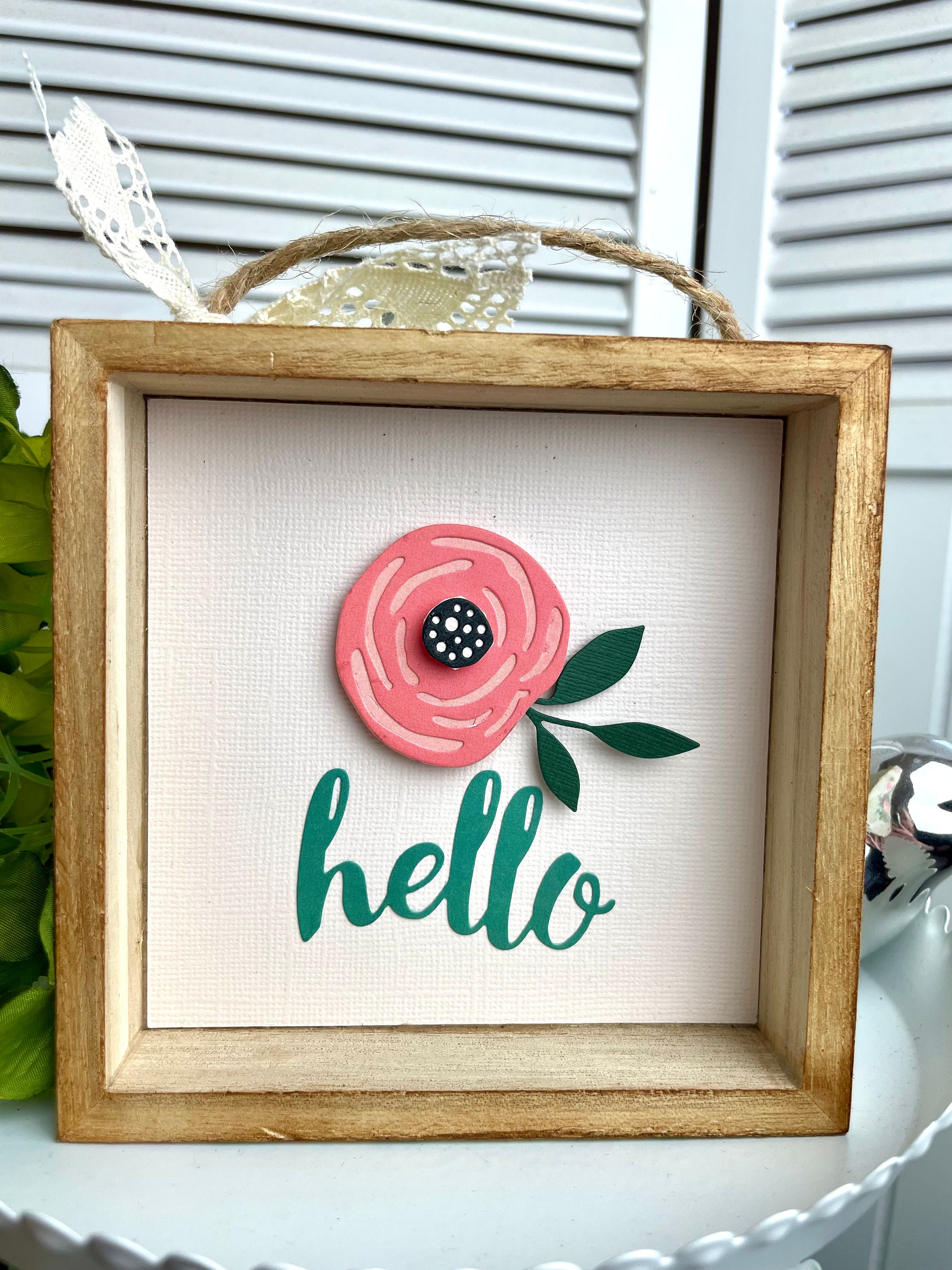 Floral Hello, Diorama Shadow Box 5x5 Quilted Heart Wood Sign 6x6 Hello ...