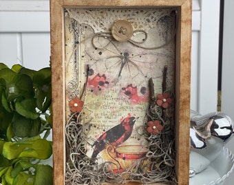 Red Bird & The Teacup (4x6") diorama shadow box. Nature inspired. Woodland mixed media. Garden collage art. Bird shelf decor. Bird signs