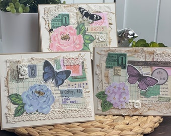 Handmade shabby chic butterfly cards. Set of 3. Blank note cards. Greeting cards. All occasion cards. One of a kind. Envelopes included.