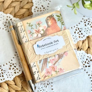 May include: A notebook set with three mini notebooks and a pen. The notebooks feature vintage bird and floral illustrations in shades of pink, beige, and brown. The pen is made of light brown wood. The set is wrapped in clear plastic.