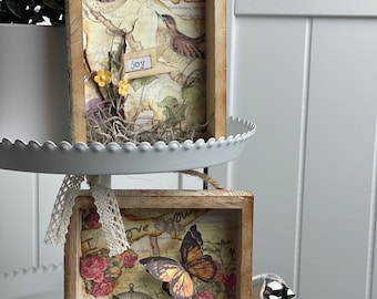 Joy (4x6") and I Love You (5x5") diorama shadow boxes. Nature inspired, birds & monarch butterflies. Mixed Media. Collage Art. Shelf decor.