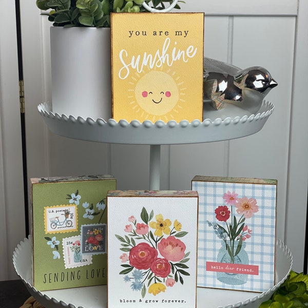 Sunshine, flowers and love. Shelf sitters wood blocks (3x4"). Floral signs. Spring signs. Spring decor. Friends. Sending love. Desk decor.