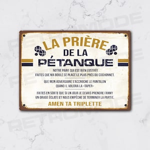 Plaque métal vintage prière de la pétanque, décoration murale jeux de boules, cadeau original