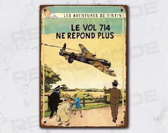 Tintin vintage metal plaque, “flight 714 no longer responds” decoration, drawing style decoration for comic book fans