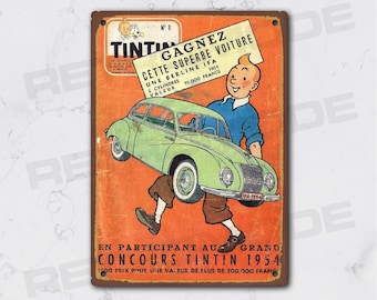 Vintage Tintin metal sign, wall decoration for the IFA Grand Prix car show, Tintin collection sign