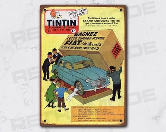 Vintage Tintin Grand Concours metal sign, car comic book sign, Fiat Tintin sign