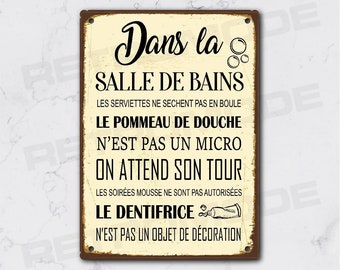 Plaque métal vintage Salle de bains, décoration murale avec citation, signalétique drôle