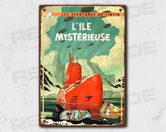 Tintin vintage metal plaque, "the mysterious island" decoration, drawing style decoration for comic book fans