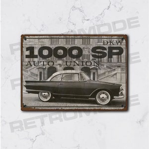 Vintage metal plate dkw 1000SP auto union, gift idea for car fan