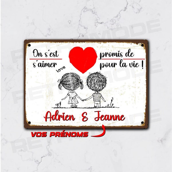 Plaque métal vintage couples personnalisés, idée cadeau de saint valentin, décoration murale avec prénoms