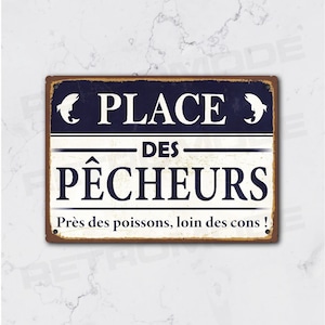 Plaque métal vintage place des pêcheurs, décoration murale type plaque de rue, panneau de pêche