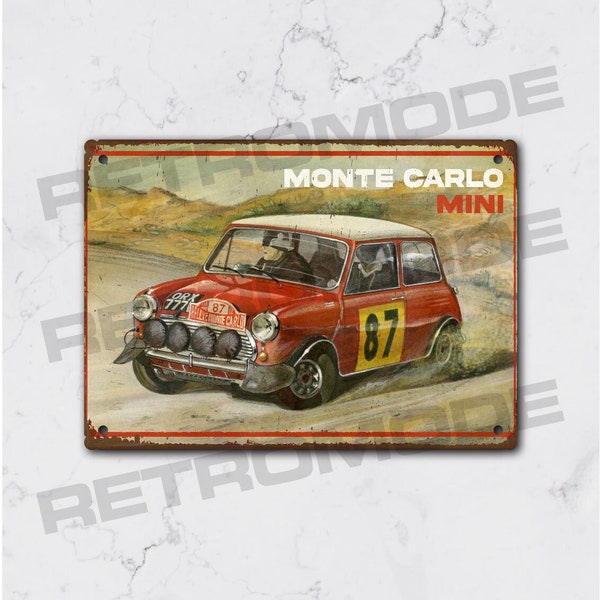 Plaque métal vintage austin mini monte carlo, décoration murale cooper s rallye