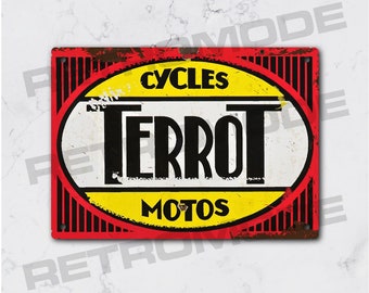 Vintage terrot metal plaque, old motorcycle advertising wall decoration