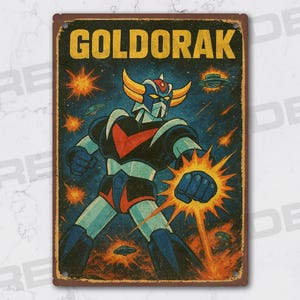 Könnte beinhalten: Vintage Metallschild mit der Figur Goldorak, einem Roboter aus der Zeichentrickserie. Das Schild hat einen Used-Look mit dunkelblauem Hintergrund, der Roboter ist in Aktion mit einer Faust und dem Text "GOLDORAK" in Gelb.