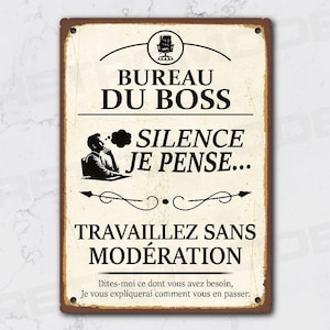 Vintage metalen bord 'kantoor van de baas', deurbord voor het kantoor van de baas, wanddecoratie met grappige werkquote