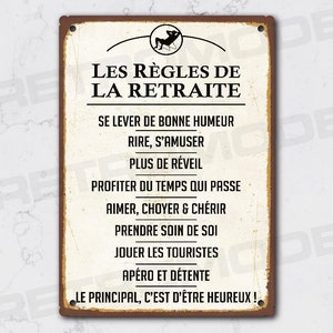 Plaque métal vintage les règles de la retraite, décoration murale avec citation française, idée cadeau original pour grand parents