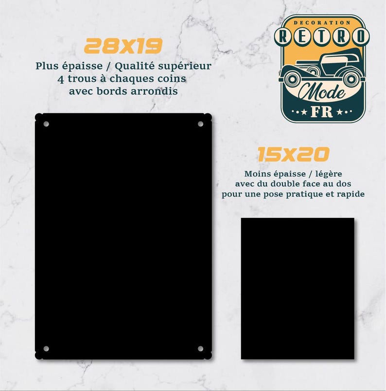 May include: Two black rectangular metal signs. The larger sign is 28 x 19 inches, with rounded corners and four holes. The smaller sign is 15 x 20 inches. The signs have text in French.