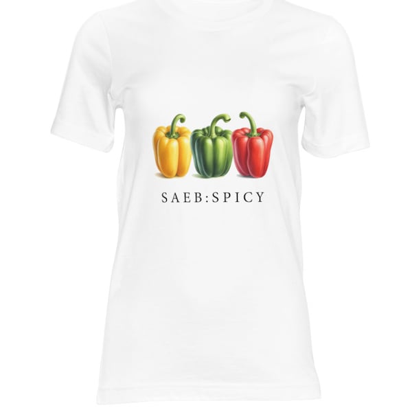 Digital printed T-shirts Painting of three sweet peppers, three colors: red, yellow, green. Spicy means mildness, spiciness in Thai.