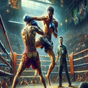Digital painting of Thai boxing in a boxing ring, grease painting style