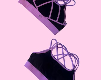 KIDS Edelsteensportbeha met bandjes – zwart met paarse afwerking