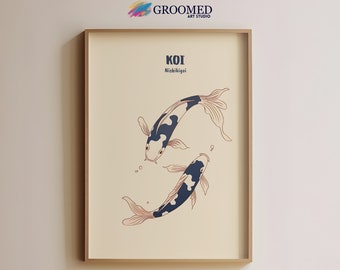 Koifisk väggkonst, utskrivbart japanskt tryck, digitalt tryck av fisk, koifiskmålning, fiskaffisch, digital nedladdning |AW21