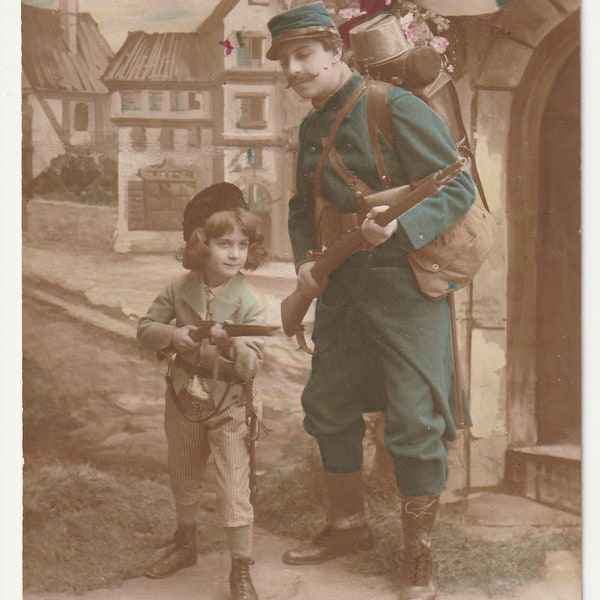 French Soldier and son. French Resistance 1917 WW1  Antique french photo tinted postcard -