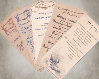 Kies en kies Antiek gedateerd circa 1900 Frans verzamelmenu - Frans restaurantdecor, keukendecor oud papier ephemera