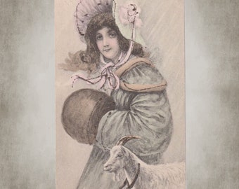 Romantic Lady with a muff and goat antique postcard Vienne Vienna style  -  Postcard ephemera