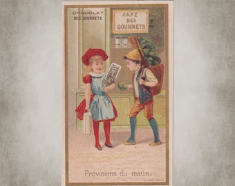 Morning Shopping - Antieke verzamelbare Franse handelskaart - Oude Franse ephemera -