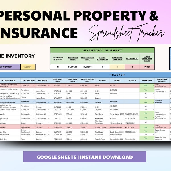 Personal Property Insurance Tracker, Personal Property Spreadsheet Tracker, Insurance Inventory, Home Inventory Tracker, Home Inventory