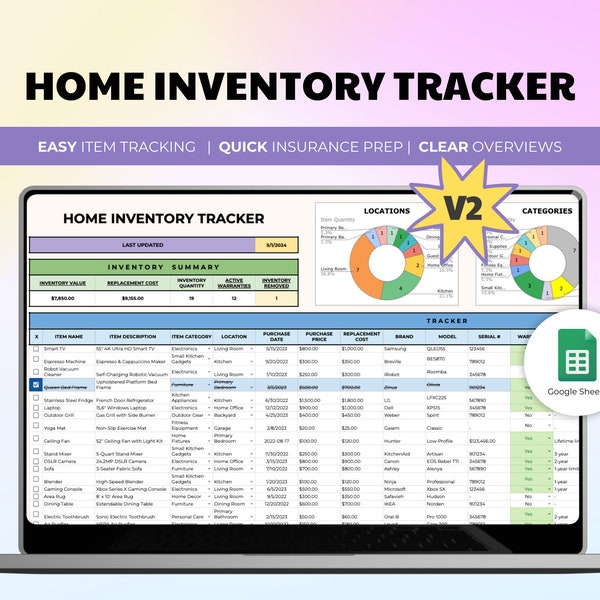 Home Inventory Spreadsheet, Home Inventory Checklist, Home Inventory Tracker, Personal Property Valuables, Insurance Inventory