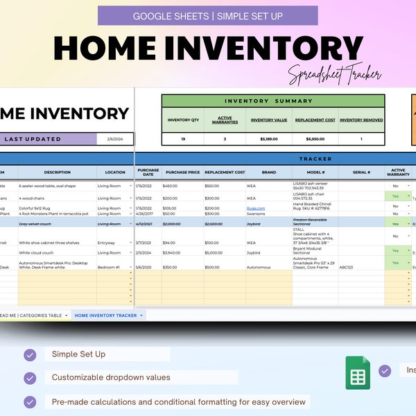 Home Inventory Spreadsheet, Home Inventory Checklist, Home Inventory Tracker, Personal Property Valuables Spreadsheet, Insurance Inventory