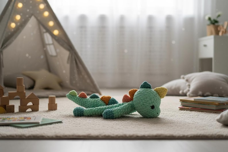 May include: A light green crocheted dinosaur toy with colorful accents of orange, yellow, and blue. The handmade stuffed animal is lying on a light-colored carpet in a child's room. A small teepee and wooden blocks are in the background.