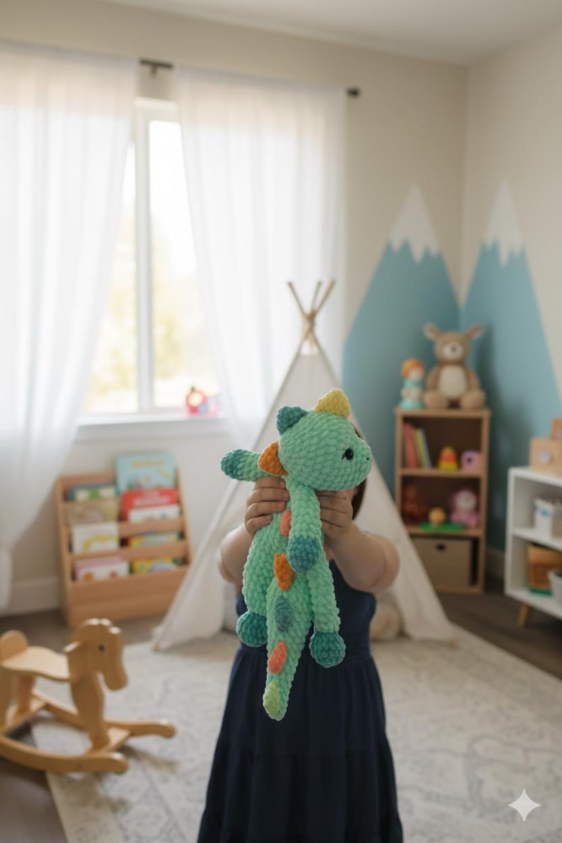 May include: A light green crocheted dinosaur plush toy with blue, orange, and yellow accents. The handmade stuffed animal is held in front of a person in a child's bedroom, with a teepee and wooden bookshelf in the background.
