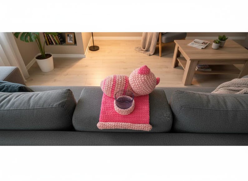 May include: A pink crocheted pillow and teapot set with a matching pink blanket and a glass on a gray sofa. The pillow has pink and white stripes. The teapot has a small handle and a lid.