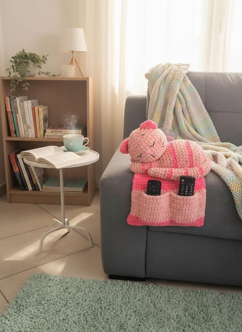May include: A pink and striped cat-shaped remote control holder rests on a gray sofa. The handmade holder has two pockets for remotes. A cozy blanket and a bookshelf with books are in the background.