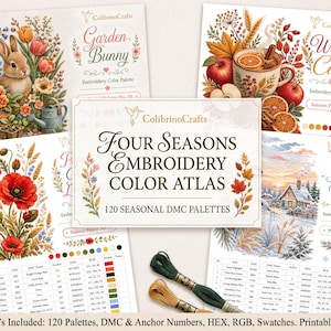 Może przedstawiać: Kolekcja przewodników po paletach kolorów do haftu zatytułowana Four Seasons Embroidery Color Atlas, zawierająca sezonowe ilustracje królika, ciepłego cydru, maków i zimowego krajobrazu oraz tabele kolorów nici DMC i Anchor.