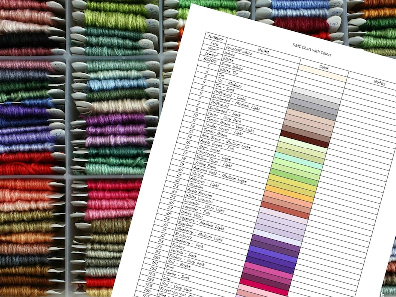 DMC Printable Color Chart Inventory Sheets with Notes Digital Download DMC Chart Instant Cross Stitch Floss Thread Color Sample Chart PDF imagem 6