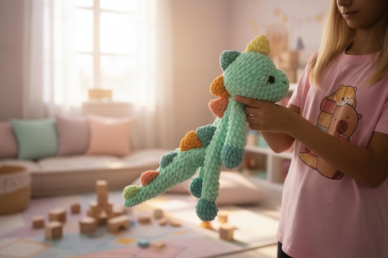 May include: A handmade, light teal crochet dinosaur toy with colorful accents. The dinosaur features a yellow crest, orange and pink spines, and blue feet. The plush toy is held up in front of a window.