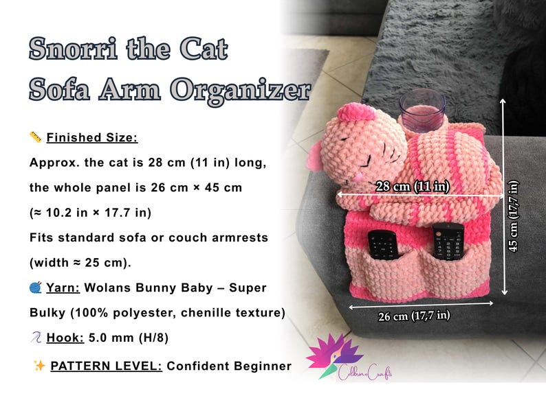 May include: A handmade, pink and red crochet sofa arm organizer shaped like a cat, with two pockets for remotes and a space for a glass. The cat is 11 inches long, and the panel is 10.2 x 17.7 inches. The text "Snorri the Cat Sofa Arm Organizer" is visible.