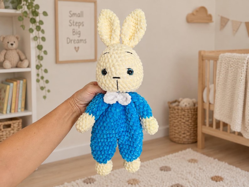Virkmönster till Bluebell Bunny Lovey, platt plyschkanin, amigurumi PDF, enkelt digitalt plyschmönster, amerikanska termer, självsäker nybörjare bild 2