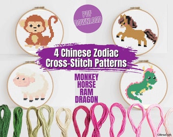 Cute Chinese Zodiac 4 Signs Bundle Easy Cross Stitch Pattern - Monkey Horse Ram Dragon - for Beginners Astrology Sign Horoscope Cross-stitch