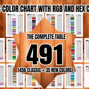 May include: A DMC color chart featuring 491 colors, including 456 classic and 35 new shades. The document displays RGB and hex codes in a table format across multiple pages, organized by color number and name for embroidery thread reference.