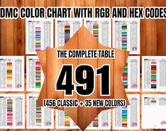 DMC Stickgarn Farbkarte 491 Farben, Garn Organizer Pdf zum ausdrucken, RGB und HEX Codes, 456 klassische + 35 neue Farben, Stickmuster