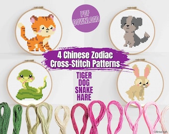 Cute Chinese Zodiac 4 Signs Bundle Easy Cross Stitch Pattern - Tiger Dog Snake Hare - for Beginners Astrology Sign Horoscope Cross-stitch